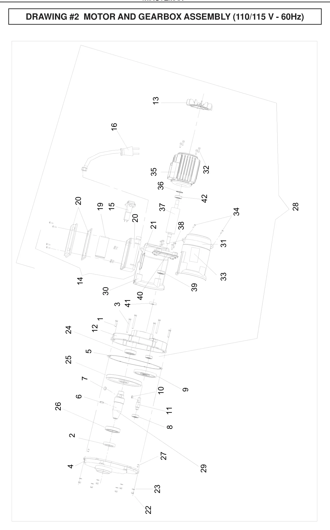 Left side motor cover (ref 31) on the IMER Minuteman Motor and Gearbox Assembly drawing