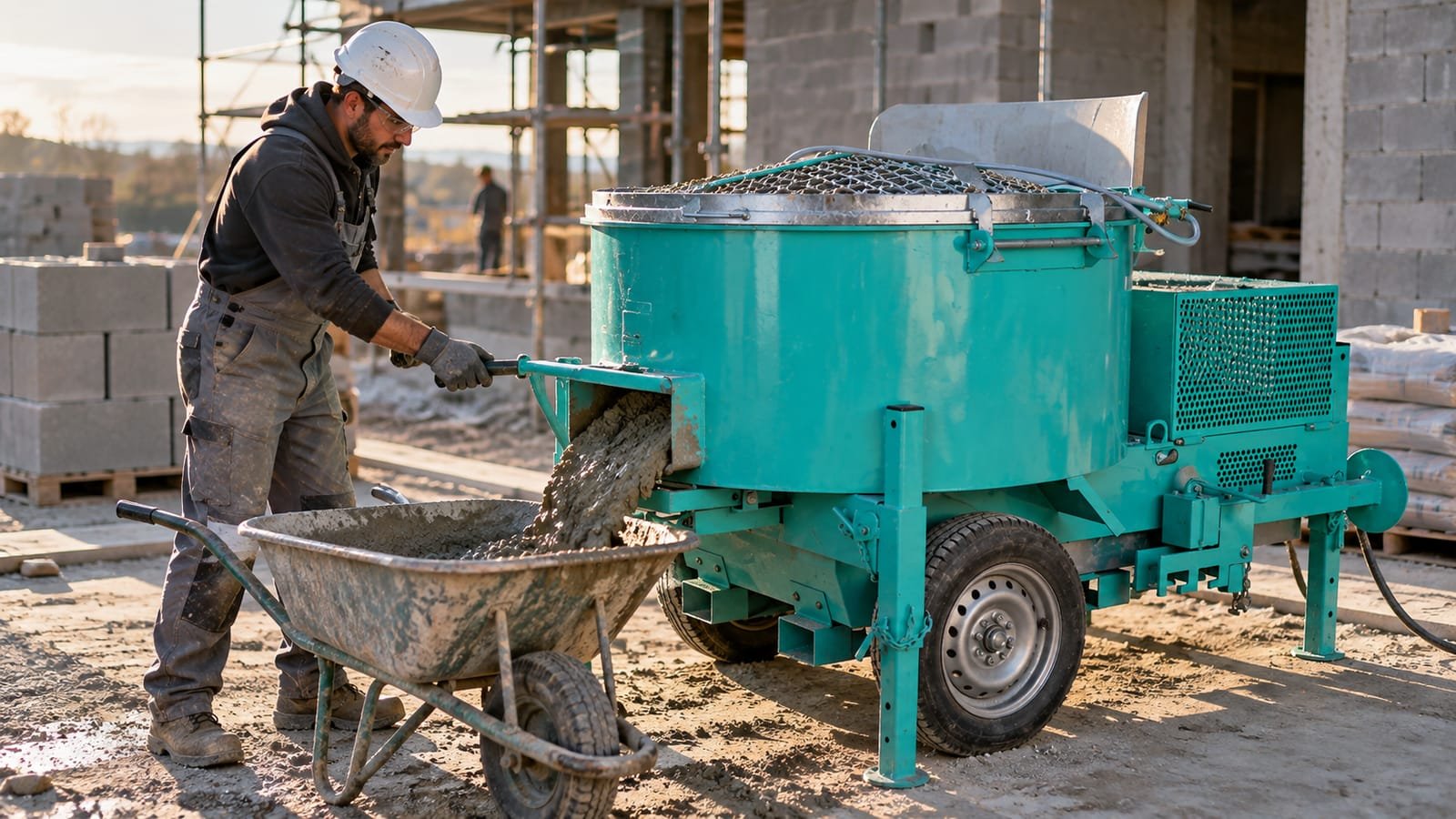 Mason tipping fresh mortar from a teal IMER-style mixer on a job site