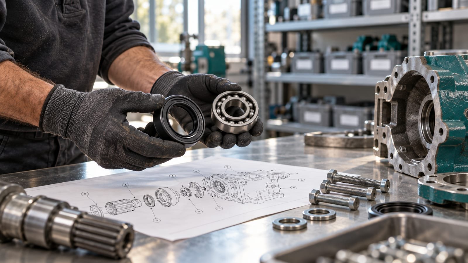 Technician holding a new oil seal and bearing over a parts diagram
