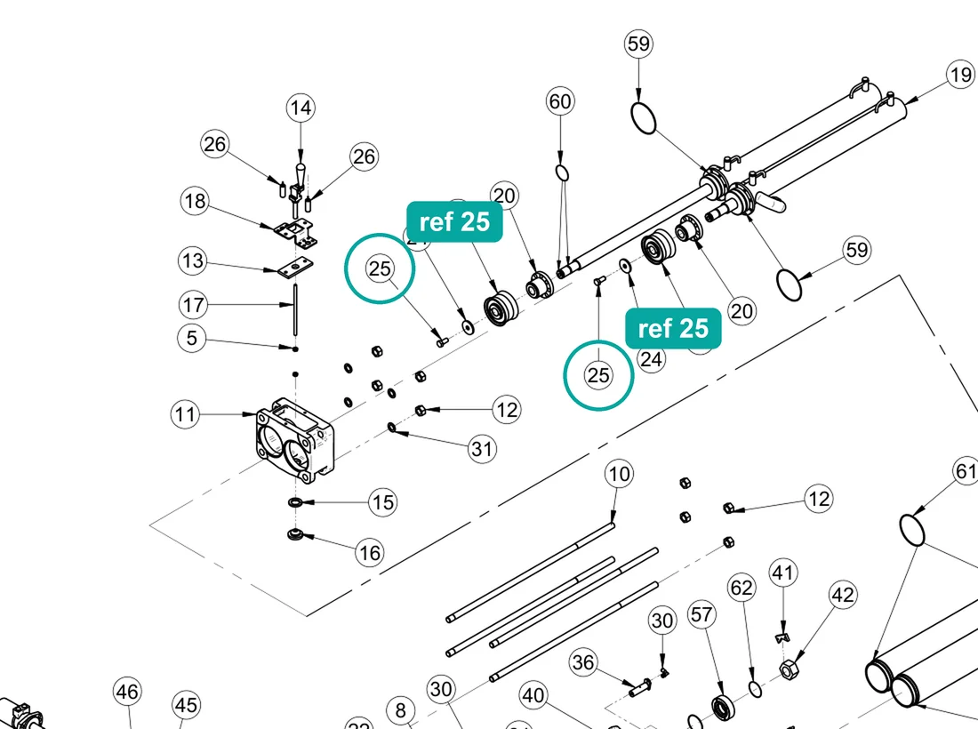 Screw (ref 25) highlighted on the IMER Booster 15 parts diagram, Pumping Group and Hopper – part 1222173