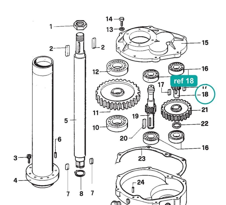 Pinion (ref 18) highlighted on the IMER Mix 360 parts diagram, Reduction Gear – part 2202858