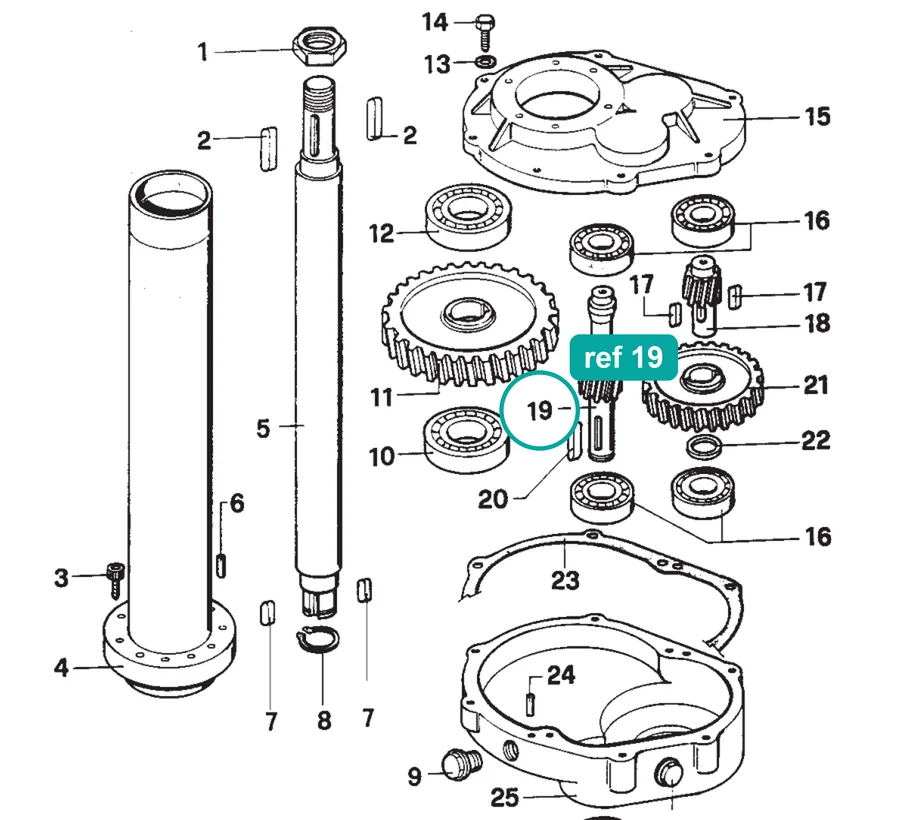 Pinion (ref 19) highlighted on the IMER Mix 360 parts diagram, Reduction Gear – part 2202871