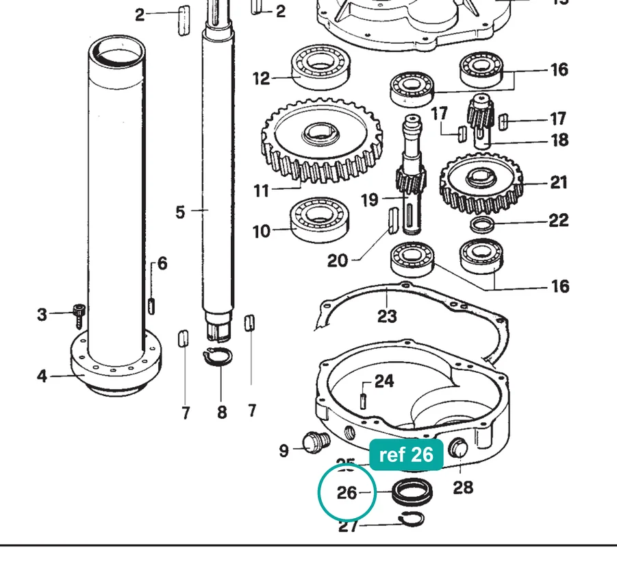 Oil seal ring 42×25×7 (ref 26) highlighted on the IMER Mix 360 parts diagram, Reduction Gear – part 2207301