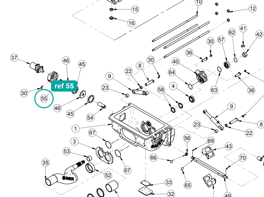 Oil seal ring (ref 55) highlighted on the IMER Booster 15 parts diagram, Pumping Group and Hopper – part 2207510
