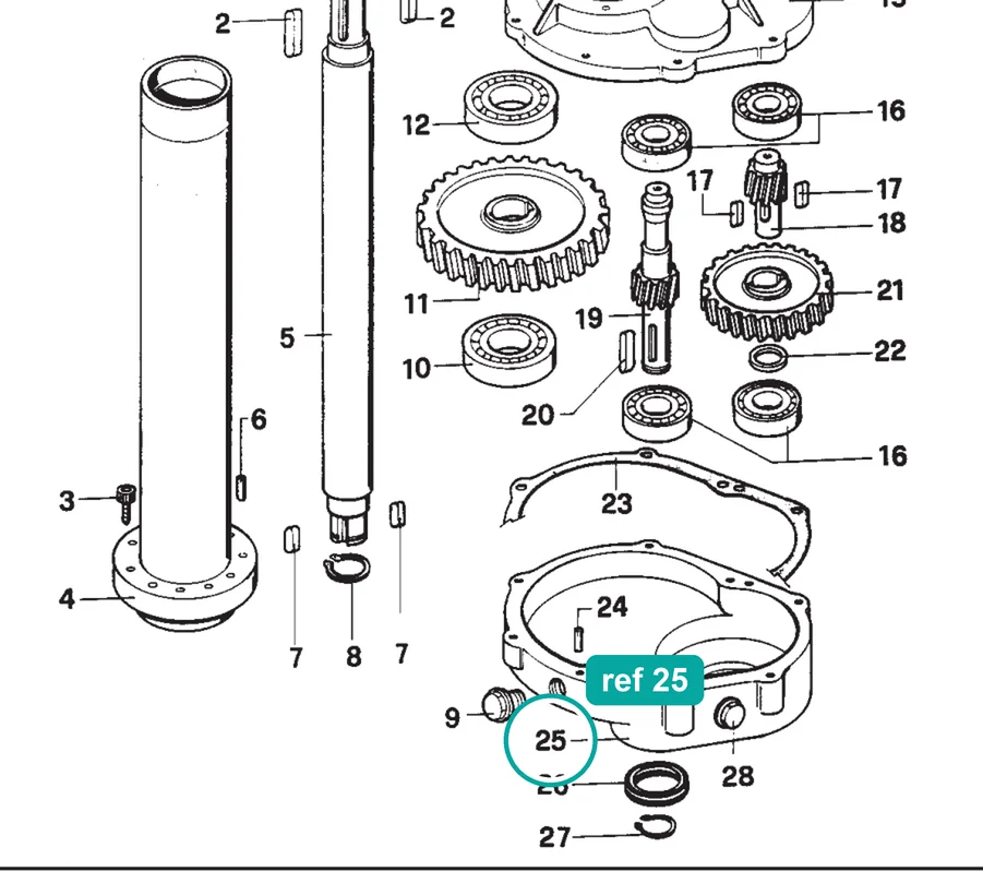 Reduction gear casing (ref 25) highlighted on the IMER Mix 360 parts diagram, Reduction Gear – part 2215092