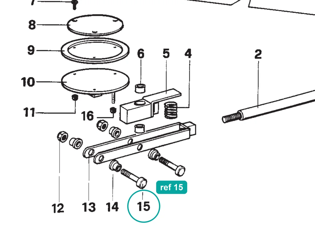 Bolt (ref 15) highlighted on the IMER Mix 360 parts diagram, Outlet Assembly – part 2223006