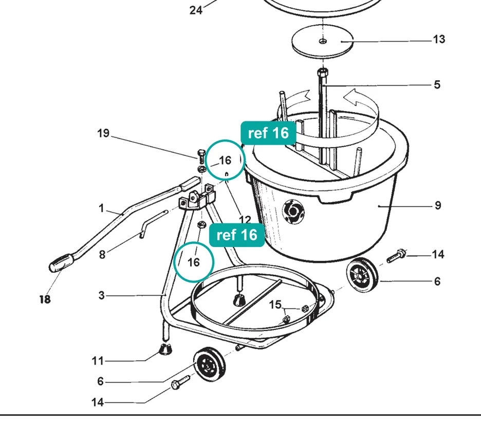 Nut M12 (ref 16) highlighted on the IMER Mix 60 Plus parts diagram, Mortar Mixer – part 2223705