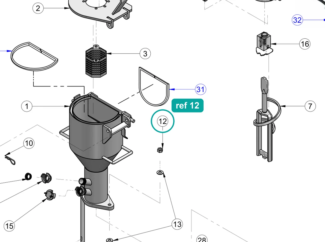 Nut M16 (ref 12) highlighted on the IMER Koine 4 parts diagram, Mixing Chamber – part 2223806