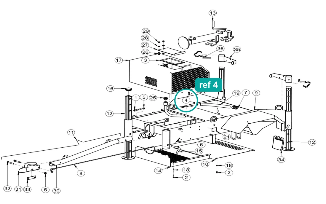 Clip (ref 4) highlighted on the IMER Mix 360 parts diagram, Frame Assembly – part 2225745
