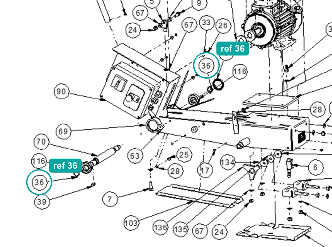 Stop ring E30 7435 (ref 36) highlighted on the IMER Masonry 750 Plus parts diagram, Machine Structure (Cutting Head and Motor) – part 2227240