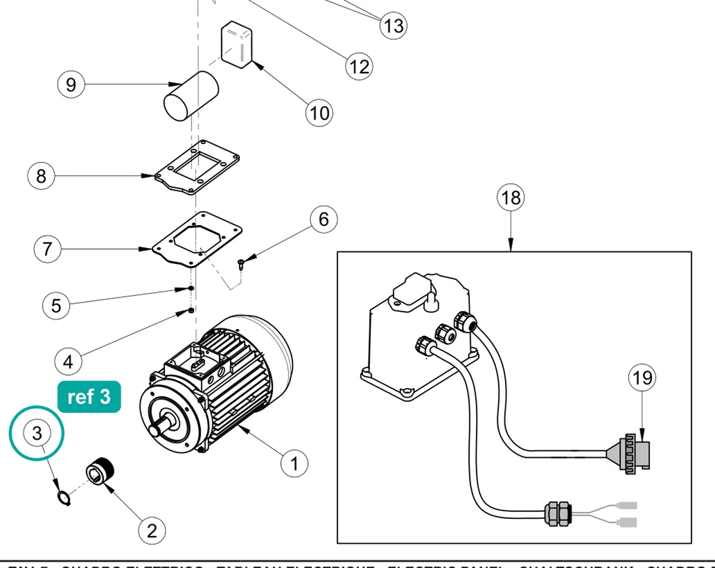 Stop ring 7435 E/24 (ref 3) highlighted on the IMER Combicut 350 iPower parts diagram, Electric Panel – part 2227270