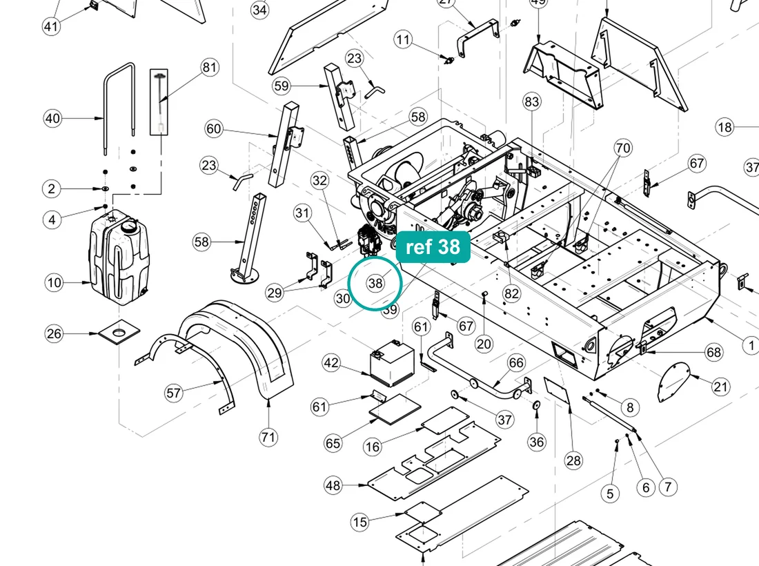 Grease nipple 1/4" m. (ref 38) highlighted on the IMER Booster 15 parts diagram, Machine Frame and Bodywork – part 2230600