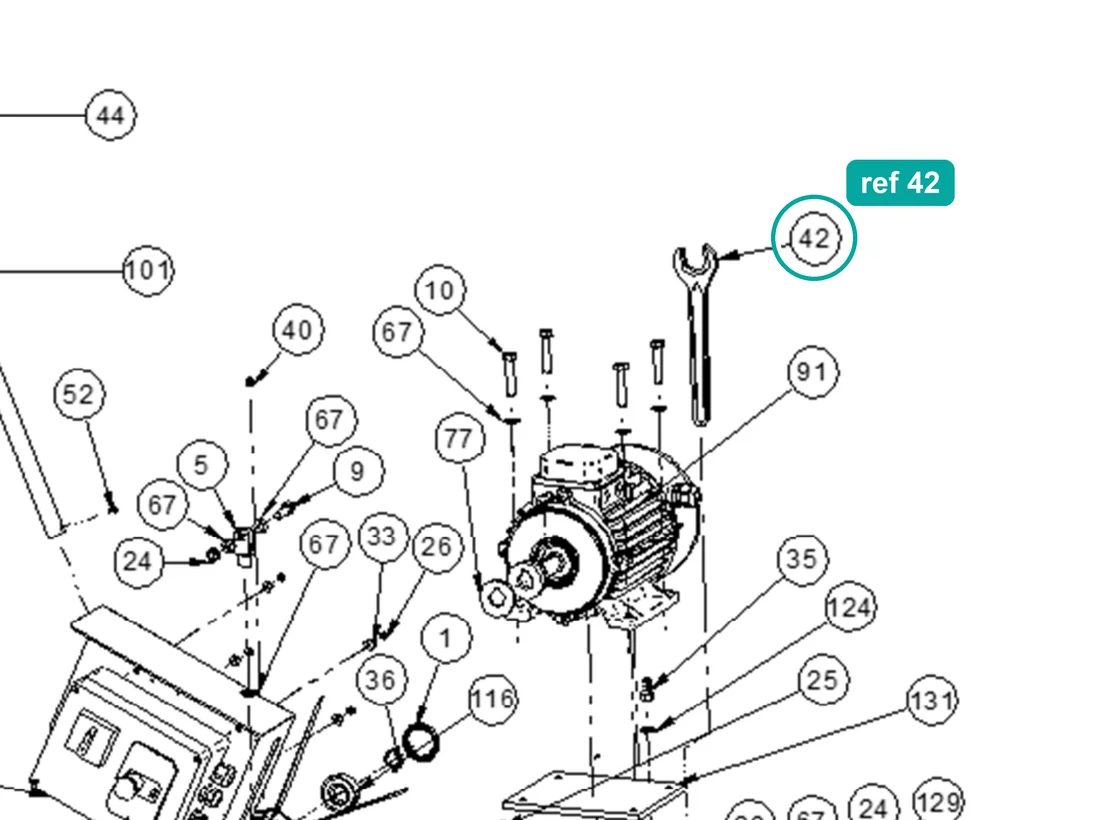 Key (ref 42) highlighted on the IMER Masonry 750 Plus parts diagram, Machine Structure (Cutting Head and Motor) – part 2241574