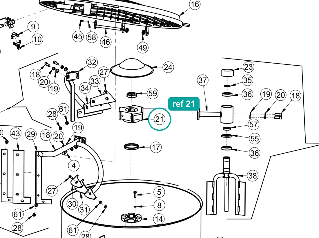Head (ref 21) highlighted on the IMER Mix 360 parts diagram, Tank Assembly – part 2250334