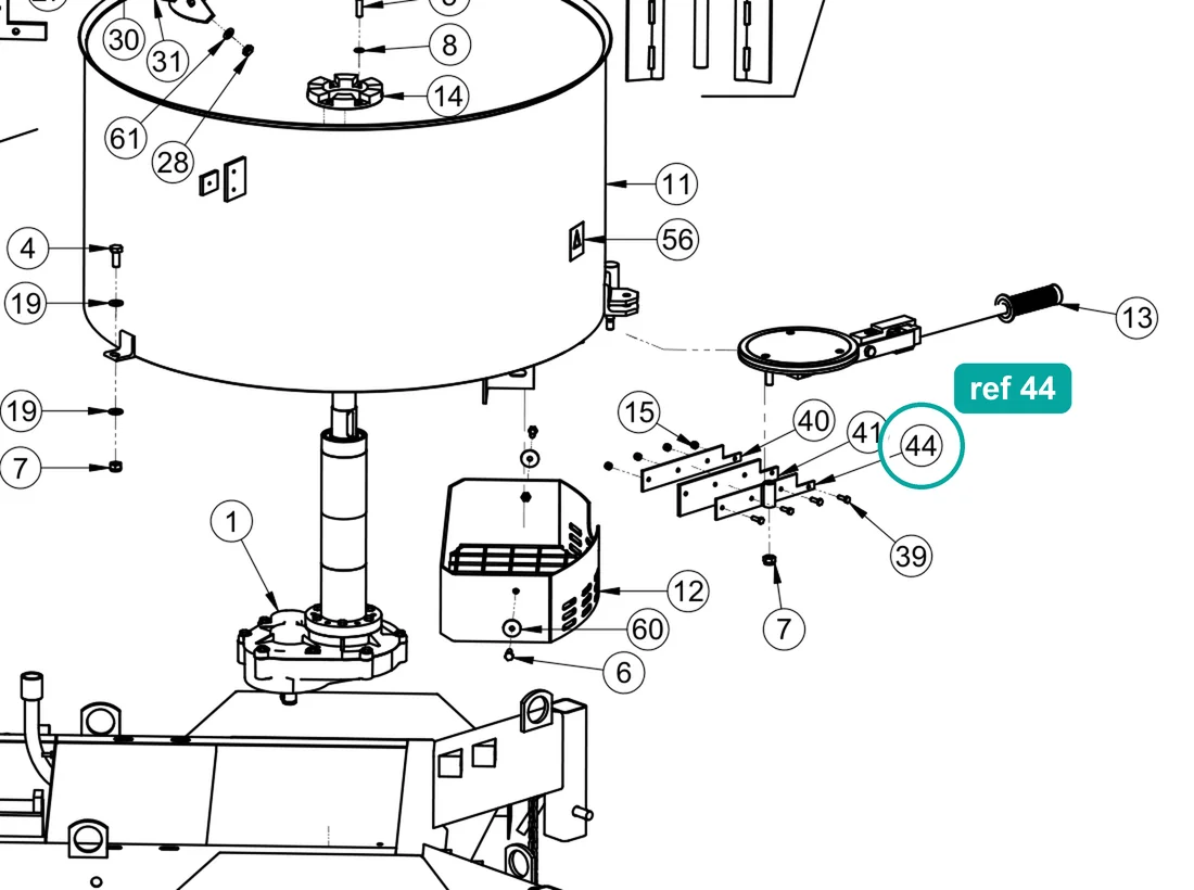 Backing plate (ref 44) highlighted on the IMER Mix 360 parts diagram, Tank Assembly – part 2253853
