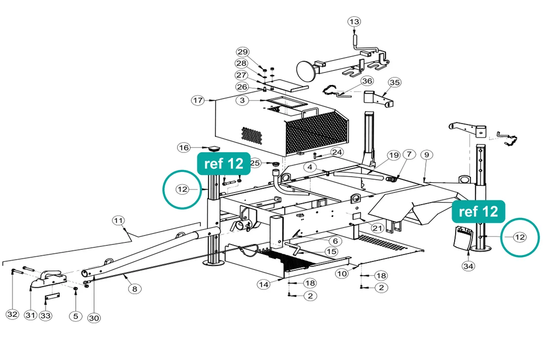 Leg (ref 12) highlighted on the IMER Mix 360 parts diagram, Frame Assembly – part 2256128
