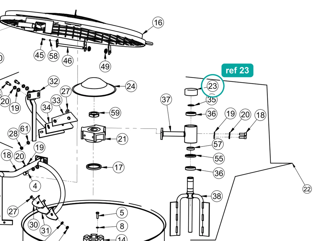Protection (ref 23) highlighted on the IMER Mix 360 parts diagram, Tank Assembly – part 2257710