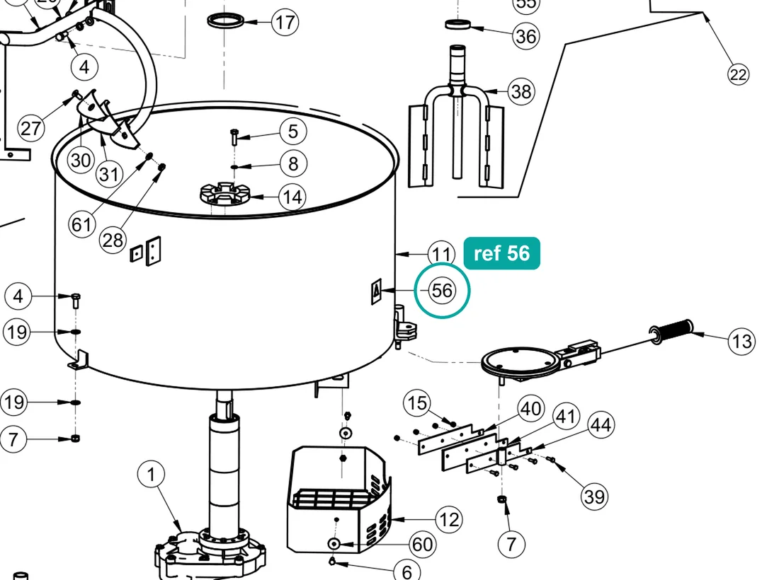 Adhesive label (ref 56) highlighted on the IMER Mix 360 parts diagram, Tank Assembly – part 2288205