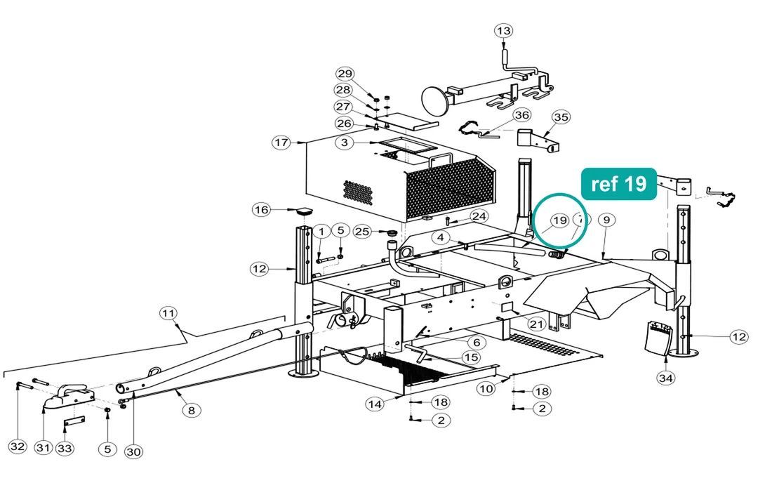 Rubber hose (ref 19) highlighted on the IMER Mix 360 parts diagram, Frame Assembly – part 2292370
