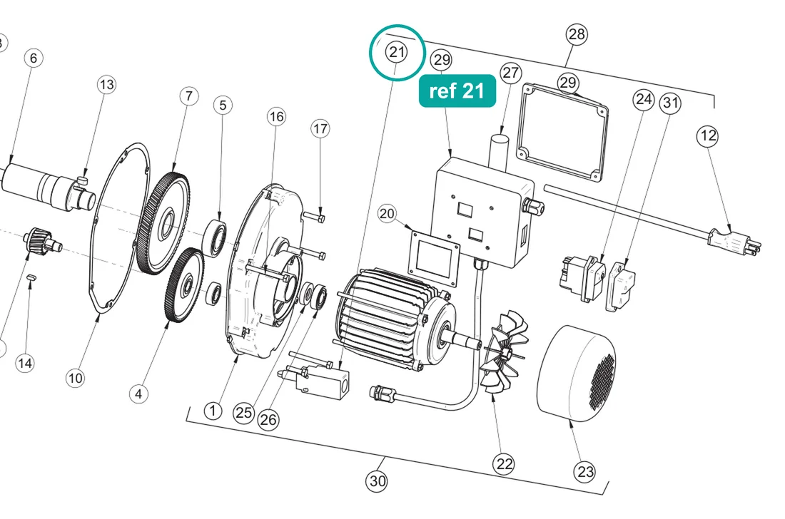 Limit switch (ref 21) highlighted on the IMER Mix 60 Plus parts diagram, Gearmotor Assembly – part 3200005
