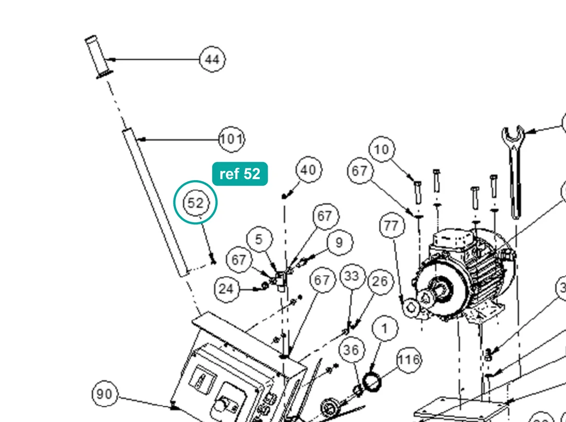 Bolt TC PH M5×10 n (ref 52) highlighted on the IMER Masonry 750 Plus parts diagram, Machine Structure (Cutting Head and Motor) – part 3203921