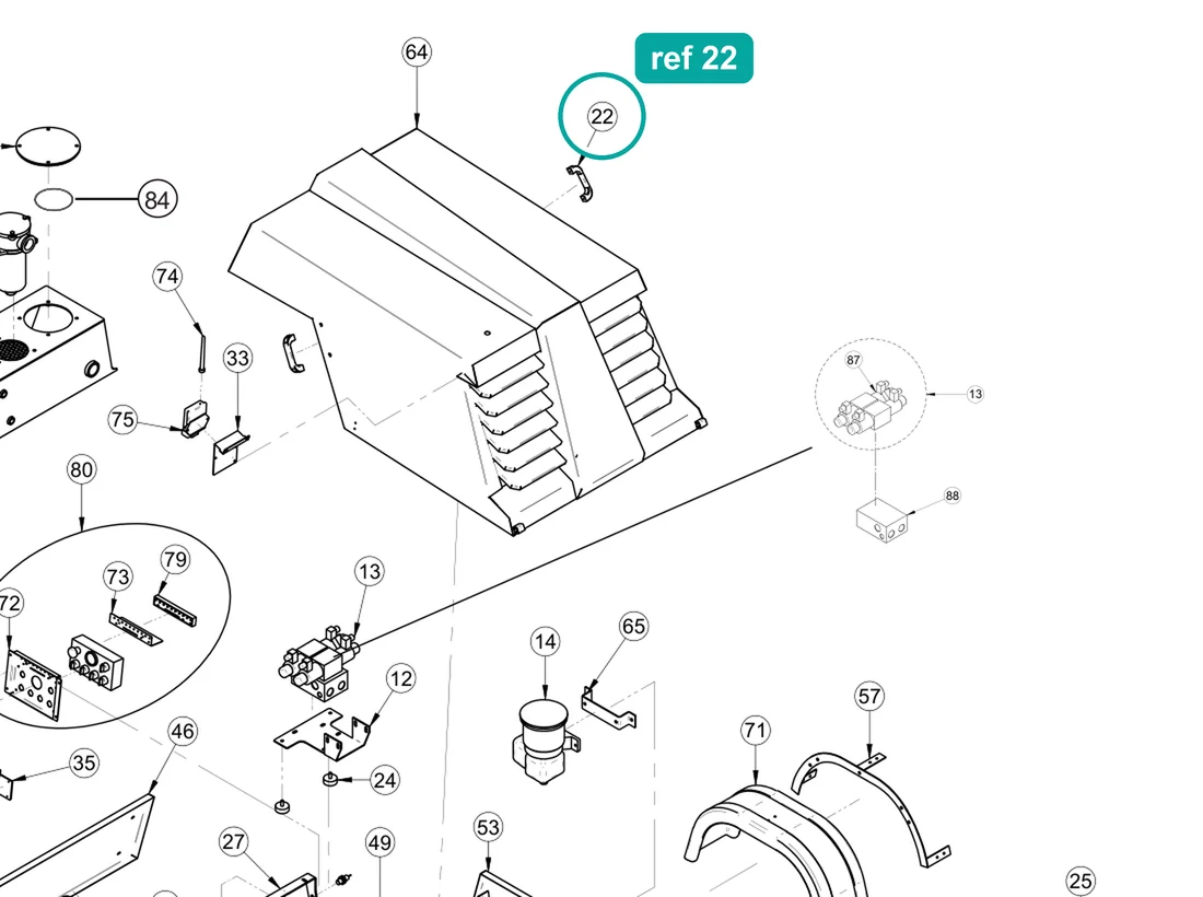 Handle (ref 22) highlighted on the IMER Booster 15 parts diagram, Machine Frame and Bodywork – part 3204888