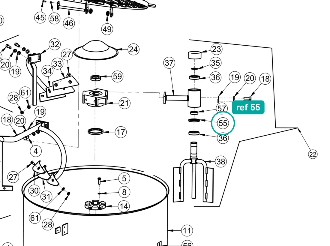 Oil seal ring (ref 55) highlighted on the IMER Mix 360 parts diagram, Tank Assembly – part 3205992
