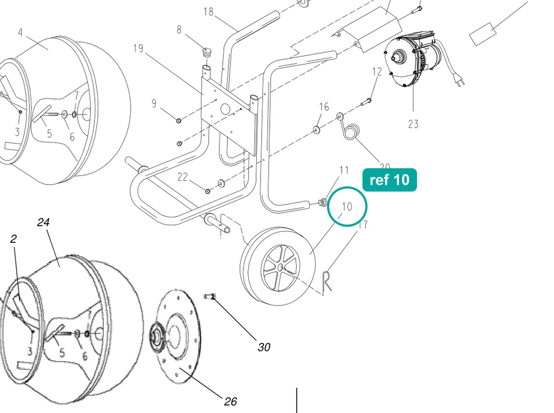 Wheel (ref 10) highlighted on the IMER Wheelman parts diagram, Frame and Drum Assembly – part 3208129
