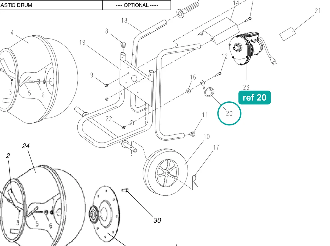 Cord keeper (ref 20) highlighted on the IMER Wheelman parts diagram, Frame and Drum Assembly – part 3208182