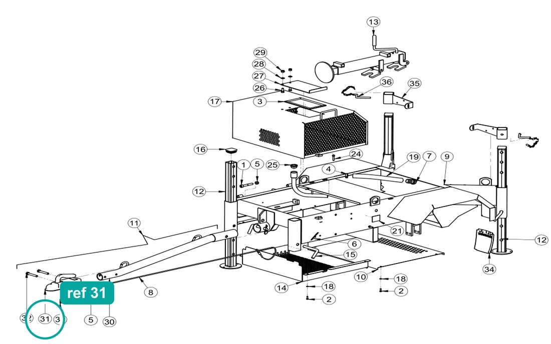 Towing head (ref 31) highlighted on the IMER Mix 360 parts diagram, Frame Assembly – part 3208565