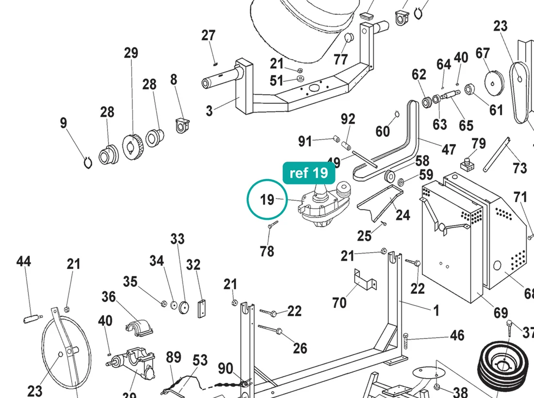 Gear box (ref 19) highlighted on the IMER Workman 250 parts diagram, Workman II 250 Concrete Mixer (1105849-1105850) – part 3208924