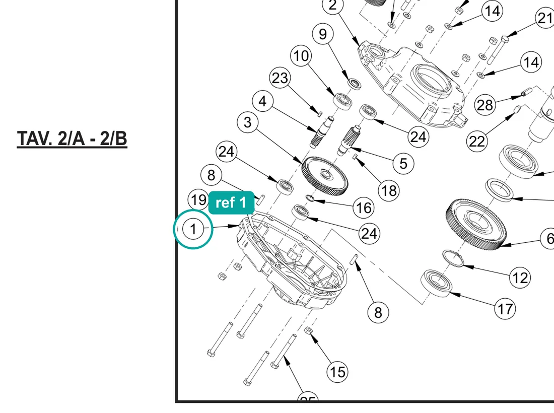 Gear box casing (ref 1) highlighted on an IMER parts-book drawing – part 3209680