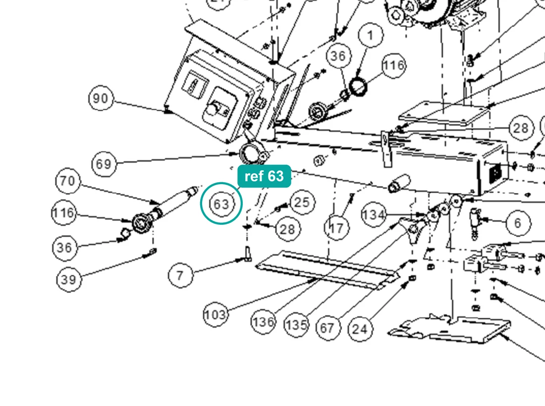 Spacer (ref 63) highlighted on the IMER Masonry 750 Plus parts diagram, Machine Structure (Cutting Head and Motor) – part 3210411