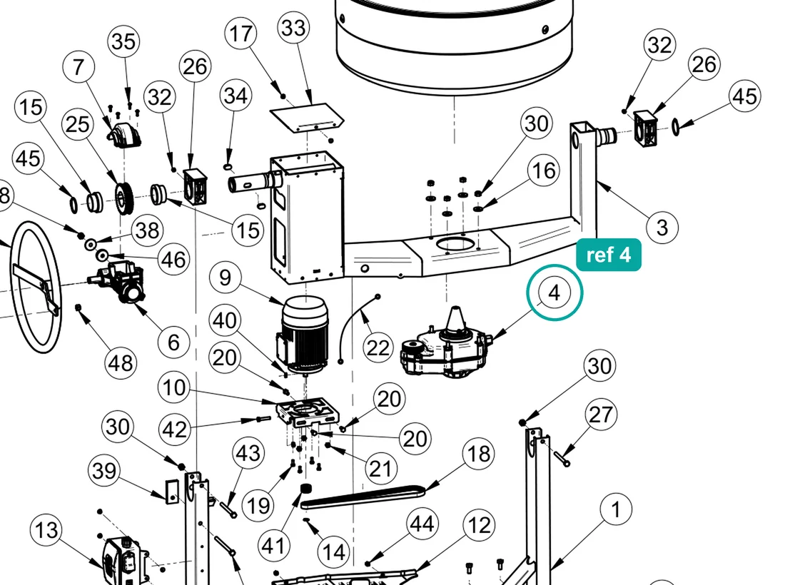 Gear box (ref 4) highlighted on an IMER parts-book drawing – part 3210475