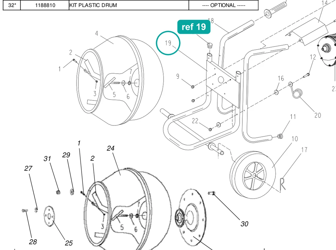Motor gearbox frame (ref 19) highlighted on the IMER Wheelman parts diagram, Frame and Drum Assembly – part 3210879