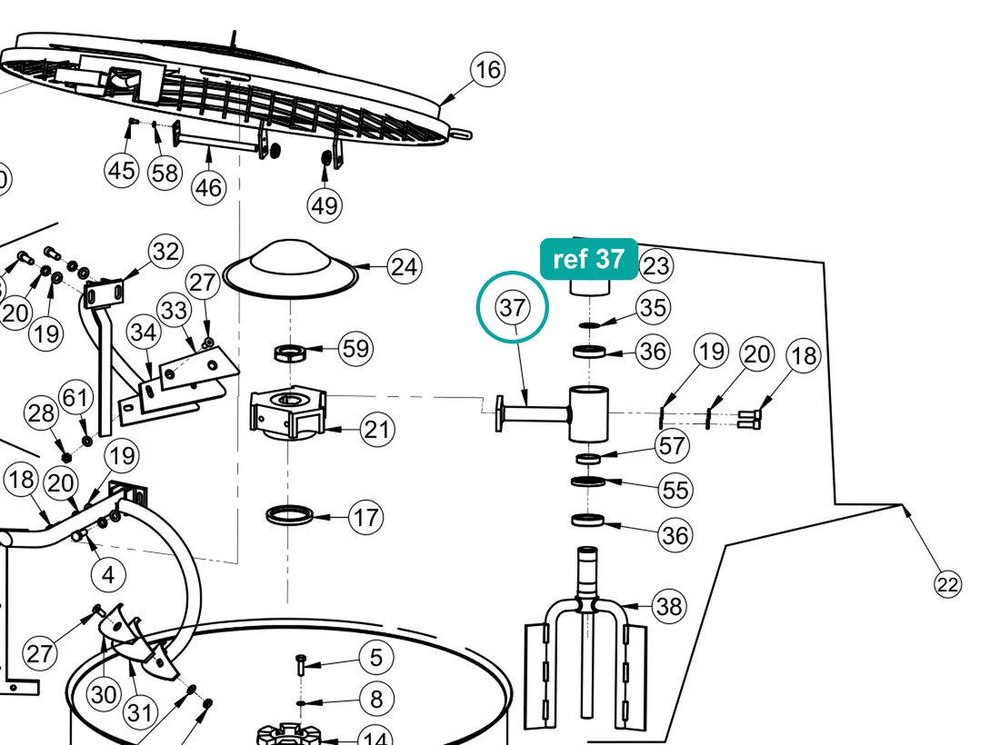 Arm (ref 37) highlighted on the IMER Mix 360 parts diagram, Tank Assembly – part 3211026