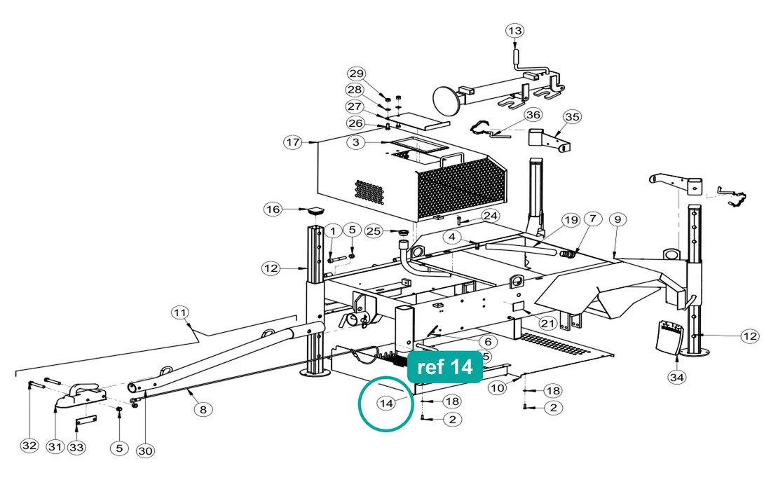 Protection (ref 14) highlighted on the IMER Mix 360 parts diagram, Frame Assembly – part 3211047