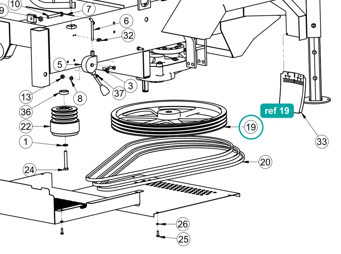 Pulley 3A DP=500 F24 (ref 19) highlighted on the IMER Mix 360 parts diagram, Motor Assembly Honda - Hatz – part 3211428