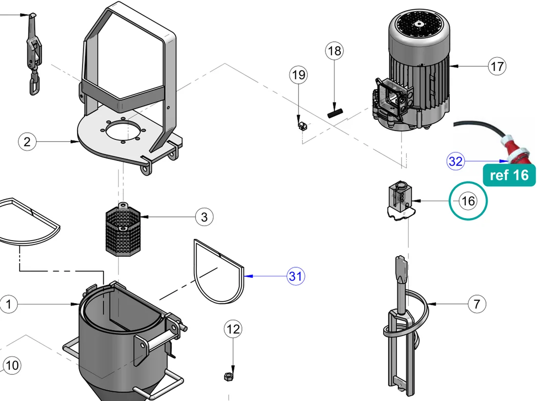 Terminal (ref 16) highlighted on the IMER Koine 4 parts diagram, Mixing Chamber – part 3223352