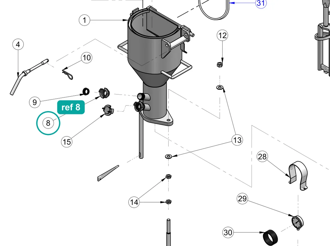 Quick connector 1" f. (ref 8) highlighted on the IMER Koine 4 parts diagram, Mixing Chamber – part 3223428