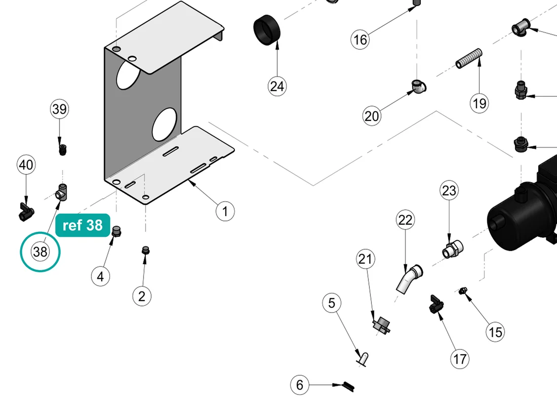 T connector f.f.f. 3/8" (ref 38) highlighted on an IMER parts-book drawing – part 3223616