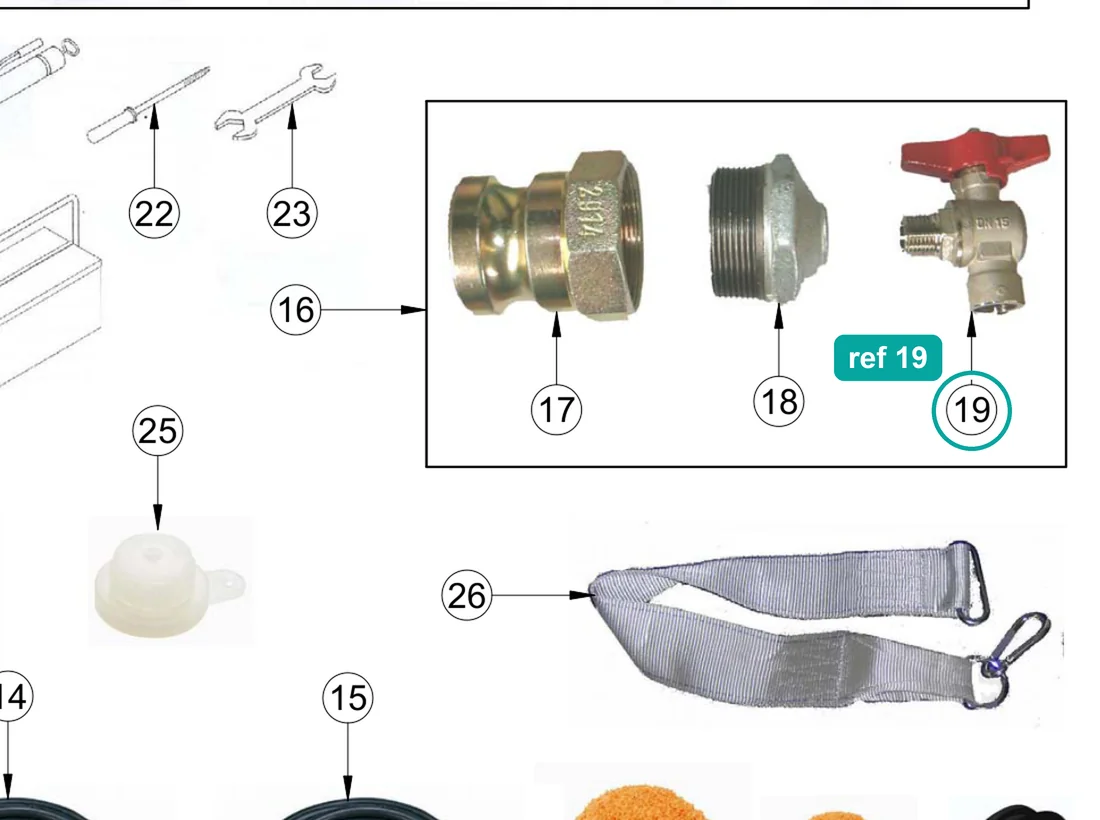 Angle valve 1/2" m-f (ref 19) highlighted on the IMER Prestige 300 parts diagram, Standard Accessories – part 3223628