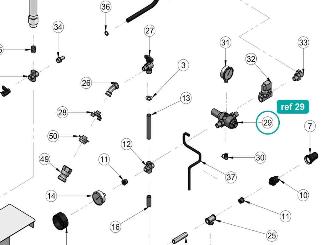 Pressure reducer (ref 29) highlighted on an IMER parts-book drawing – part 3223629
