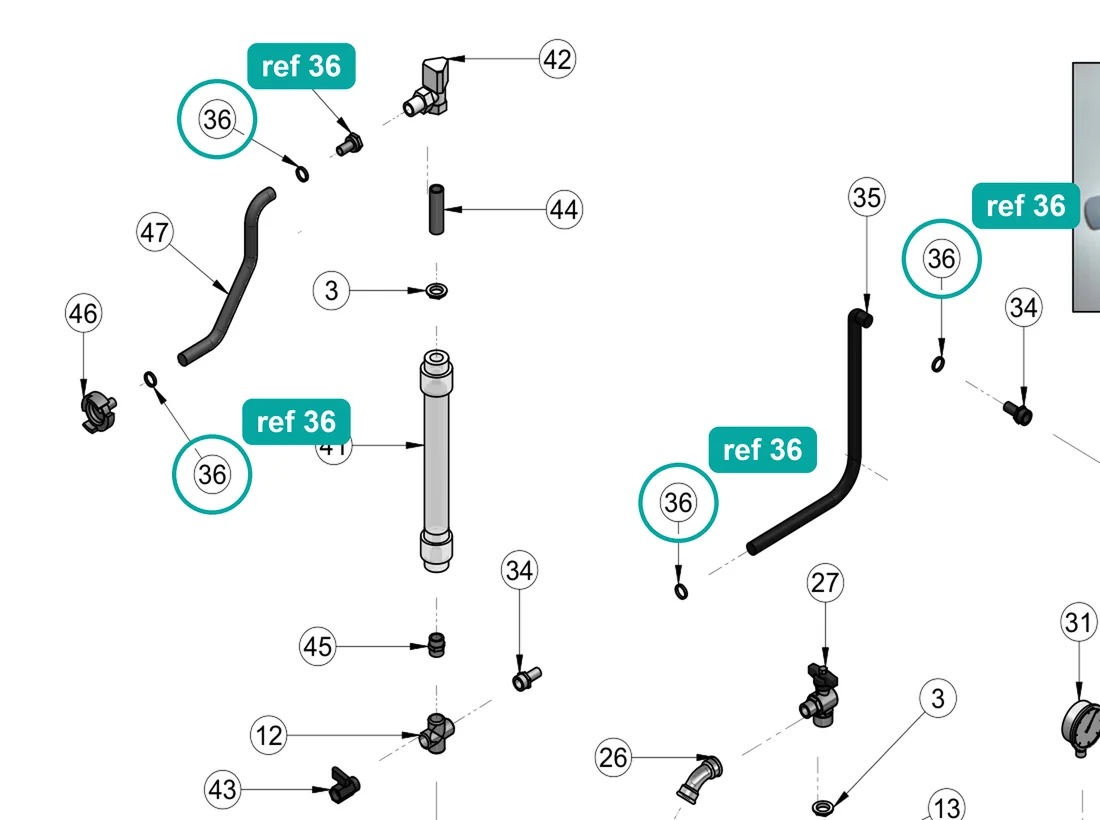Ring clip d. 20-23 (ref 36) highlighted on the IMER Koine 4 parts diagram, Water Circuit (3223430 400V/50Hz / 3231677 400V/60Hz) – part 3223638