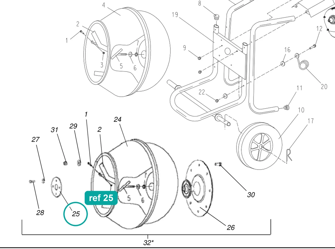 Internal disc (ref 25) highlighted on the IMER Wheelman parts diagram, Frame and Drum Assembly – part 3224129