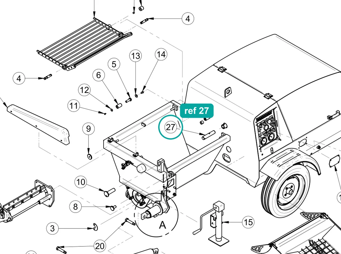 Rear pivot (ref 27) highlighted on the IMER Prestige 300 parts diagram, Machine Structure - Front – part 3224306