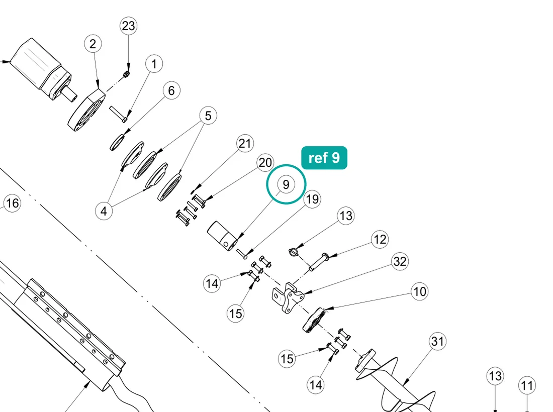 Motor shaft extension, ref 9, on the IMER Prestige 300 drawing