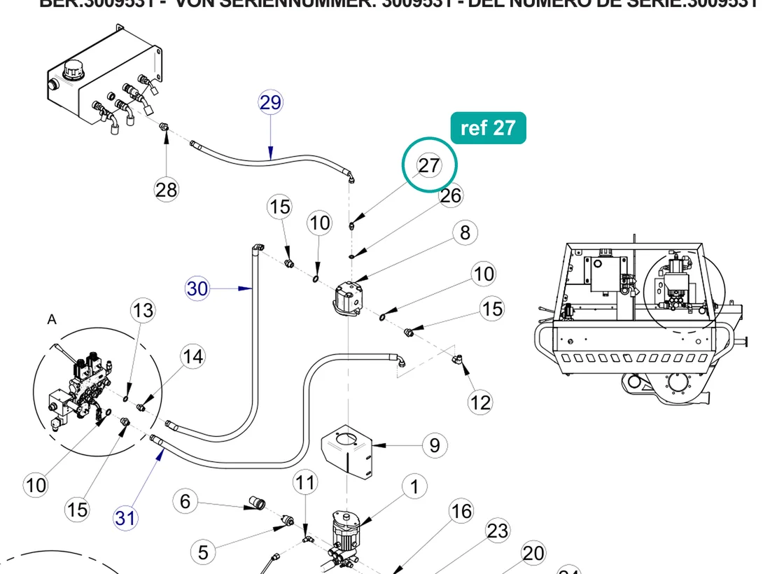 Cyl. hydraulic nipple 1/4" 60° (ref 27) highlighted on the IMER Prestige 300 parts diagram, Water Cleaner Pump Kit (1107208) – part 3225123