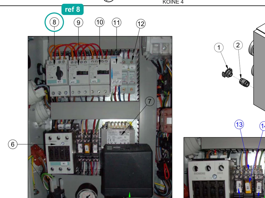 Thermal cutout 14-20 a (ref 8) highlighted on the IMER Koine 4 parts diagram, Electrical Panel – part 3225223