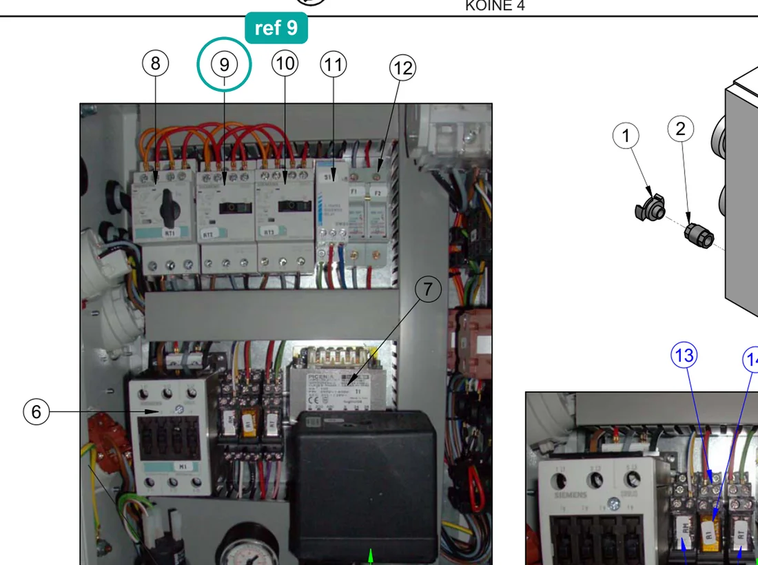Thermal cutout 2.8-4 a (ref 9) highlighted on the IMER Koine 4 parts diagram, Electrical Panel – part 3225224